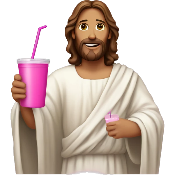 Jesus in a gown holding a pink tumbler with a lid and straw emoji