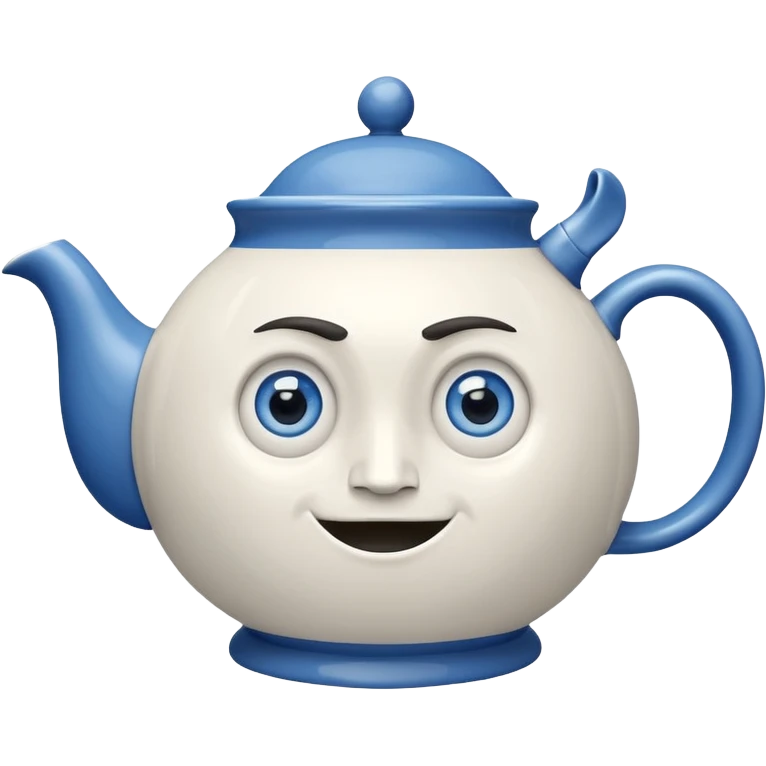 It is a large teapot with legs and a handle extending into an arm. It also has a face with wide-open blue eyes, the frowning like face. emoji