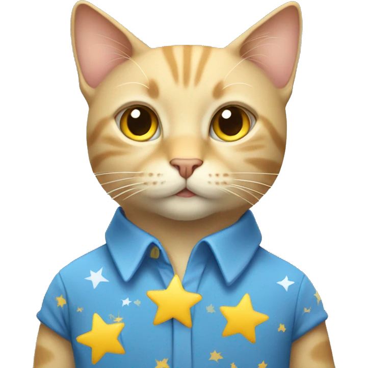 Beige cat wearing a Blue shirt with white stars and yellow emoji
