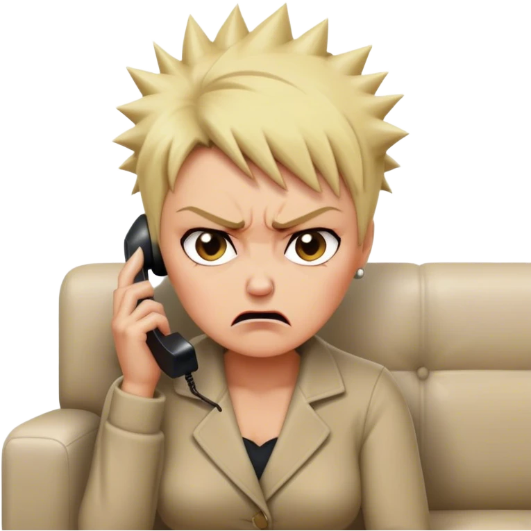 Short Blonde spikey mature woman on the phone angry sat on the sofa emoji