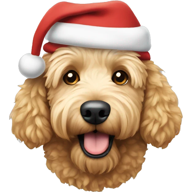 A golden doodle dog wearing a Santa hat emoji