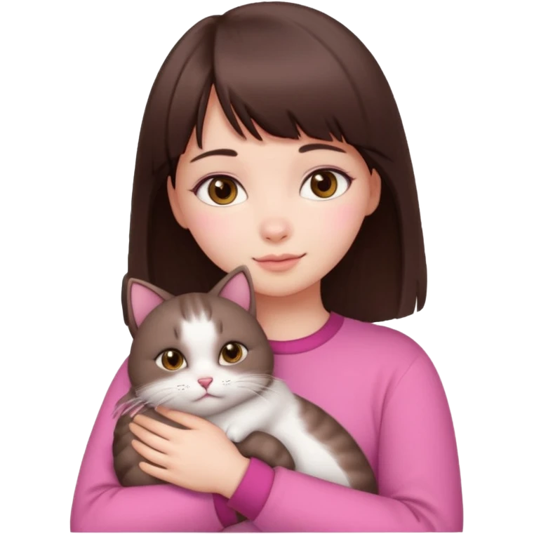 a cute white girl with bangs and straight dark brown hair, brown eye, light makeup wear a pink clothes hugs a cute chubby cat emoji
