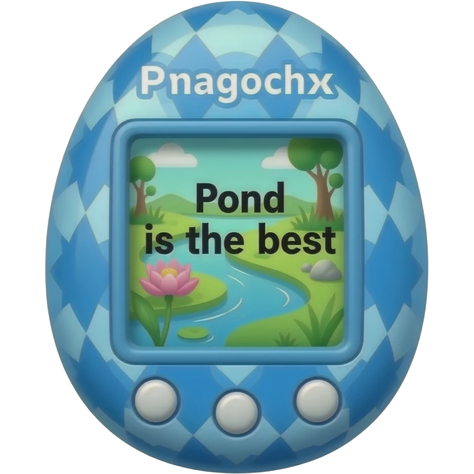 60s vibe blue tamagotchi with patterns on outside that says Pond is the best on the screen emoji