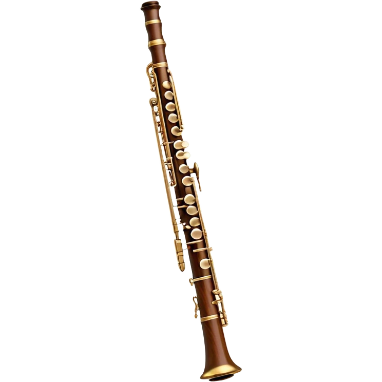 Create a detailed and elegant emoji representing an oboe. The design should feature the slender, cylindrical body of the oboe, with intricate keywork visible along its length. The top should showcase the small, delicate reed typical of the instrument. Use rich wooden tones, with accents of silver or brass on the keys to reflect the high-quality craftsmanship of the oboe. Add subtle musical notes surrounding the instrument to symbolize its expressive, melodic sound. The background should be transparent. emoji