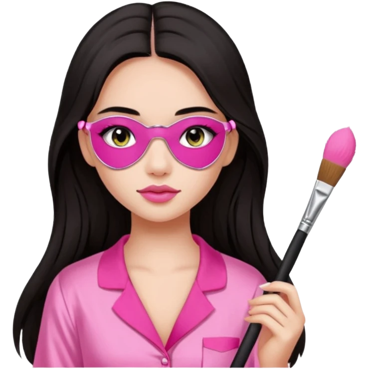 Dark long hair girl wearing pink victorias secret sleepwear is holding a makeup brush she also has eye patches white emoji