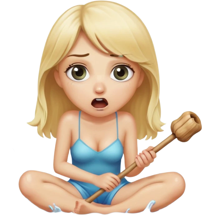 blond woman sitting on her knees with wide eyes, holding a wide skin-colored stick with a D-shaped knob, the stick has skin texture, water squirting from the knob into her mouth, shocked face emoji