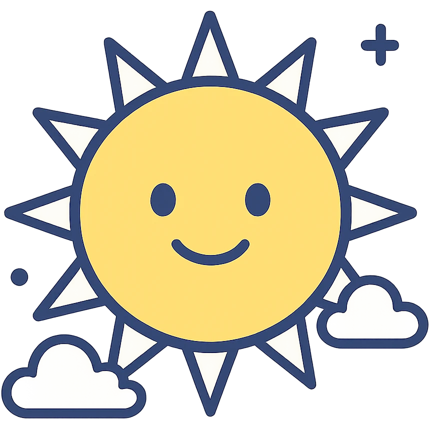 cheerful yellow sun with a smiling face, clean modern illustration style emoji