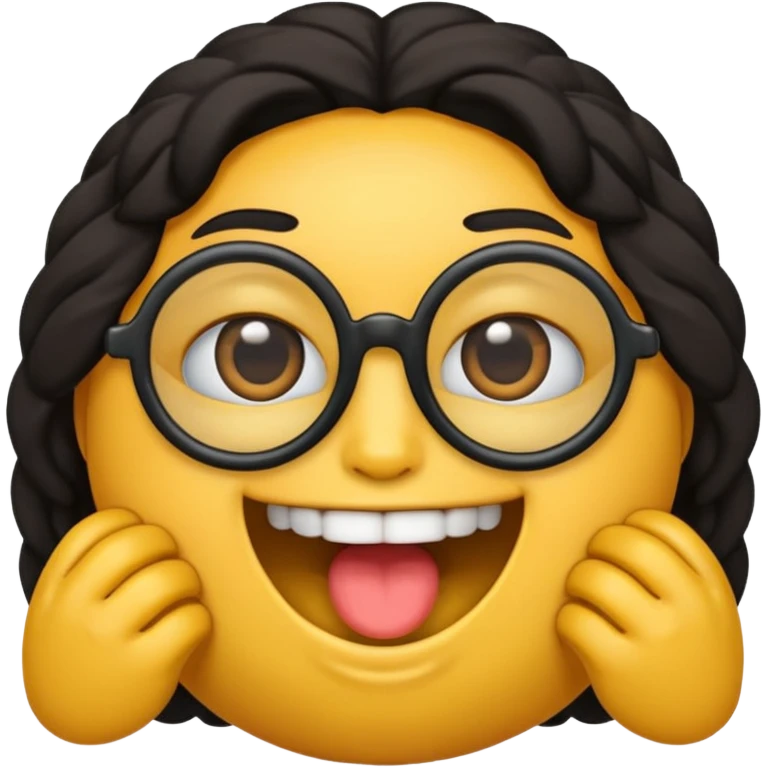 gere um boneco emoji da pele parda com o cabelo cacheado e meio grande, com olhos pretos e um óculos redondo, e também com a boca aberta mostrando os dentes emoji