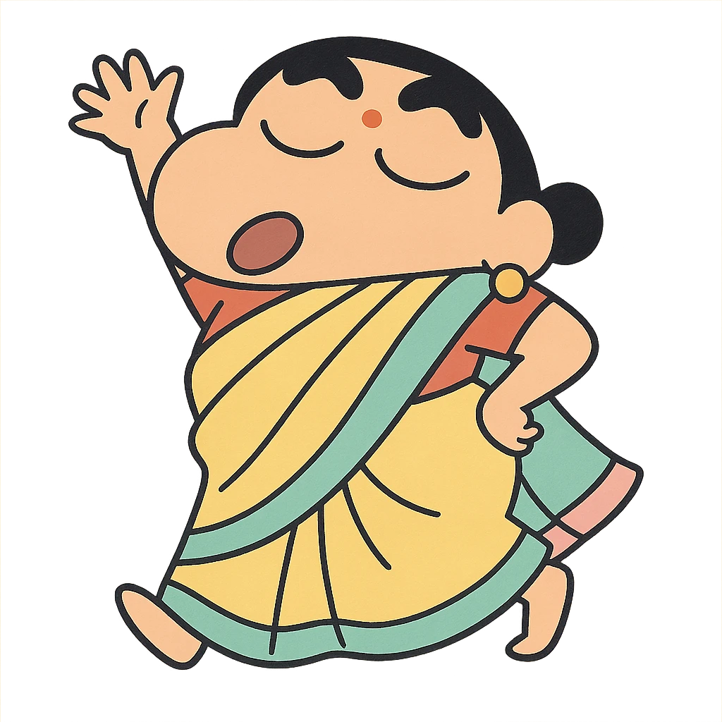 Shinchan in a traditional Indian saree, playful pose, pastel colors emoji
