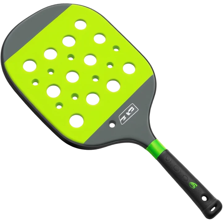 Modern Pickleball paddle graphite without holes, dark grey. 1 ball beside or on top the paddle florescent green at 45 degrees emoji