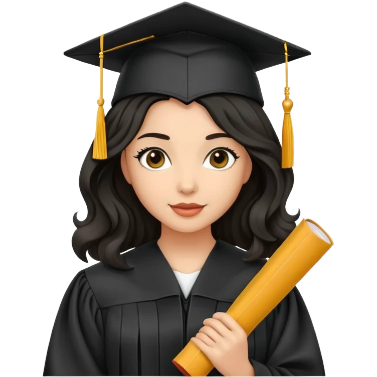 beautiful olive-skinned woman with wavy black hair wearing graduation cap and gown, holding diploma emoji