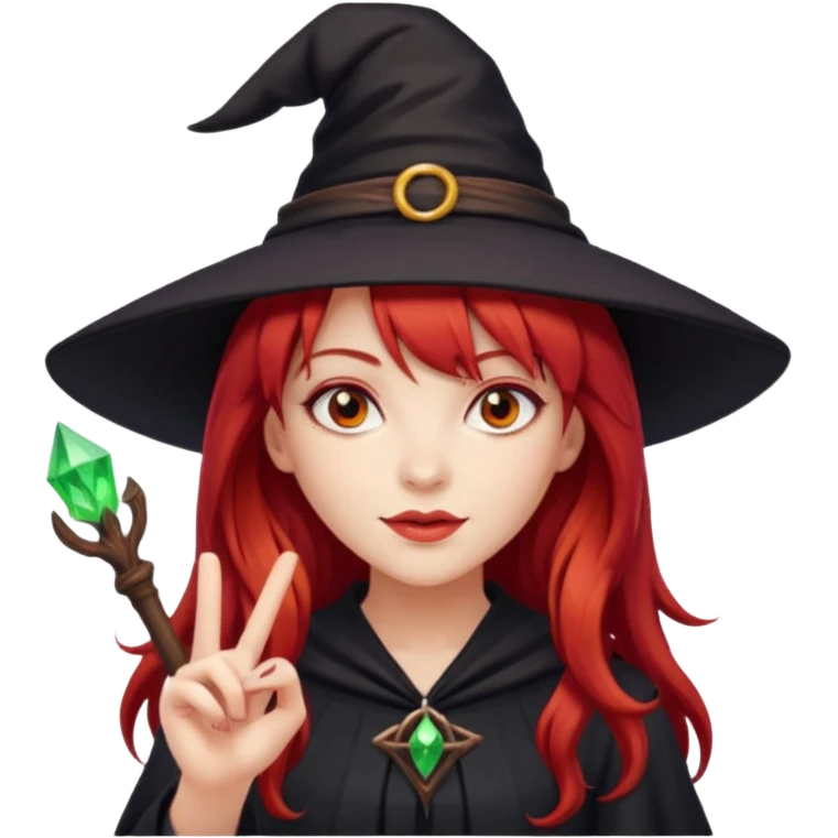 a witchy girl with long red hair and bangs holding a lucky sign emoji