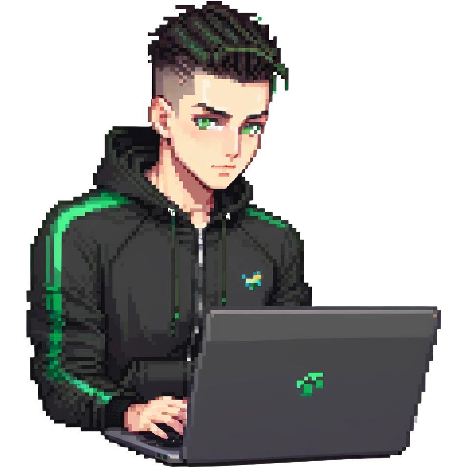 male with dark hair, high fade haircut, high slick back hairstyle, green eyes, wearing a black tracksuit, coding on black laptop emoji
