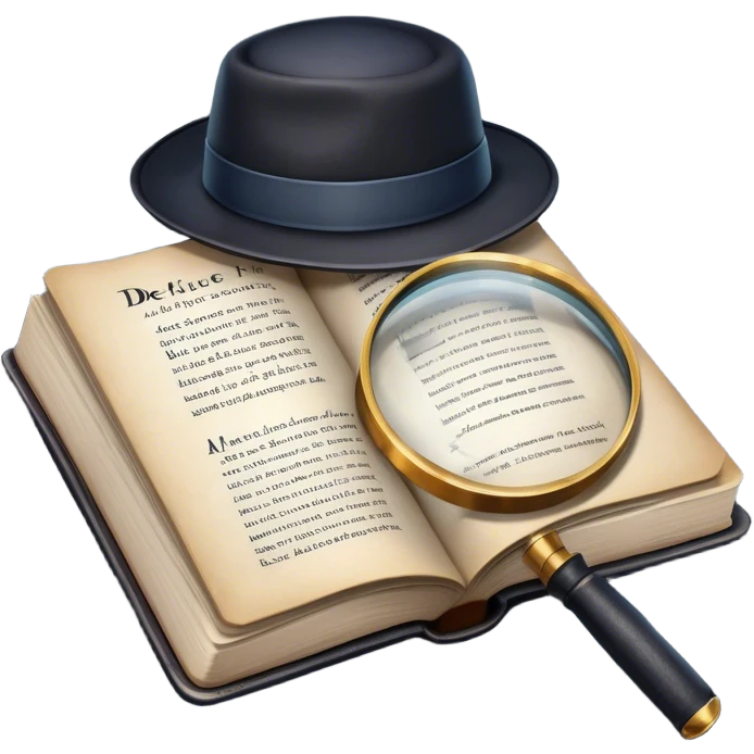 Icon for Detective Reading: an open book with text and a magnifying glass, a detective’s hat and a notebook with clues, surrounded by dark shadows and mysterious elements like footprints. Transparent background. emoji