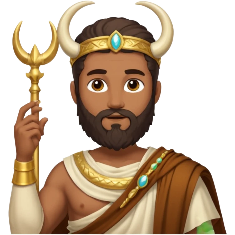 Faunus, God from Nature Roman Deities with long dark brown hair and beard, tan sequin toga, ivory horn emoji