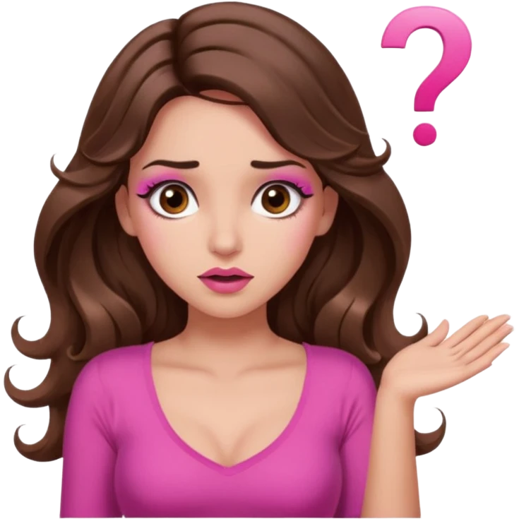 girl with long wavy brown hair, brown eyes, long lashes makeup, sexy pink lips, light to medium complexion, pink sexy top,, shrugging with both hands, confused, question mark emoji