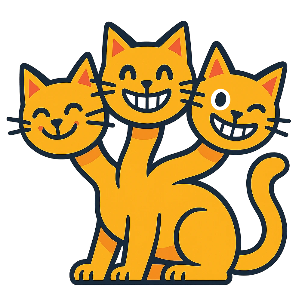 three-headed hydra cat, referencing the grinning cat emoji, whimsical and magical, each head with a distinct personality, bright and fun emoji