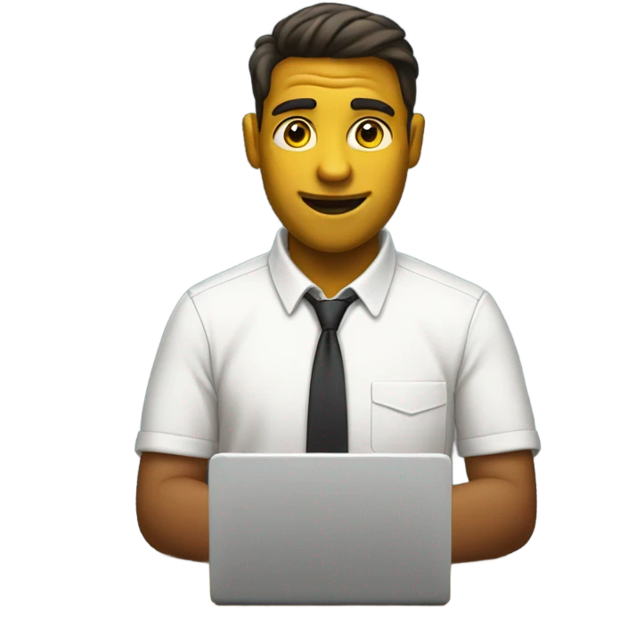 yellow skin man typing on keyboard wearing white button down shirt seating on desk front view emoji