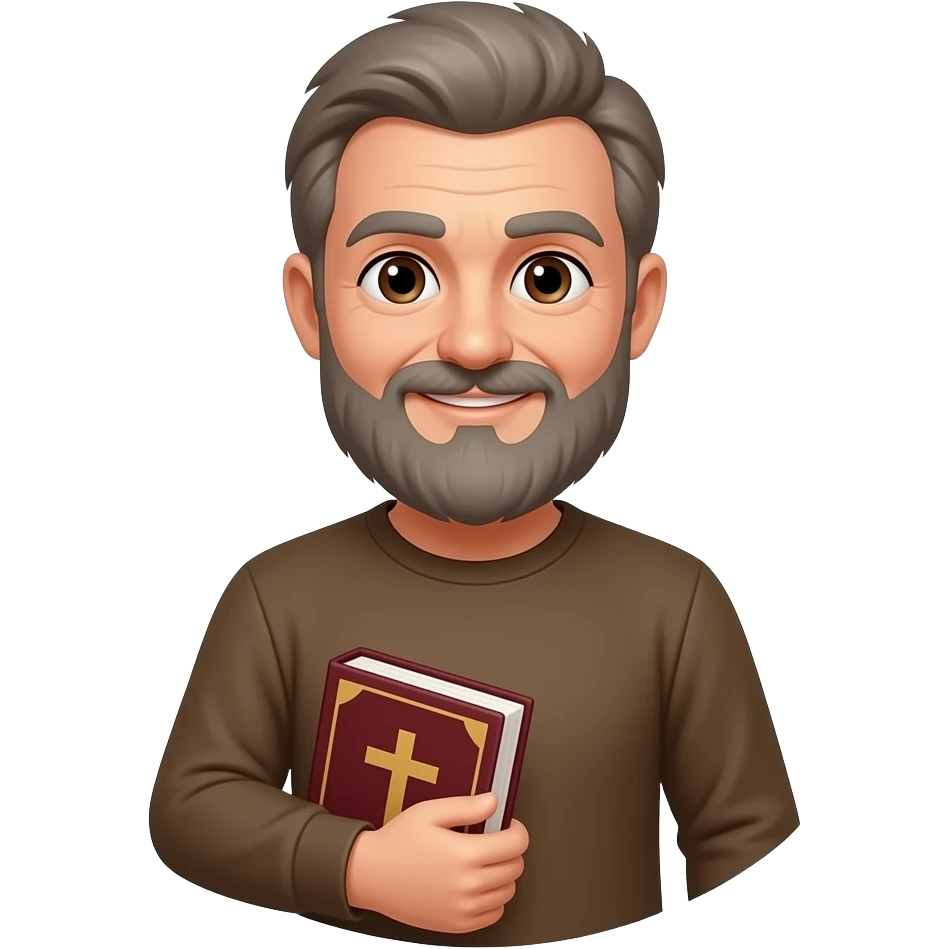 wise old man with grey brown hair and beard brown long sleeve tshirt slight smile brown eyes with burgundy book that has a cross on it no circle emoji