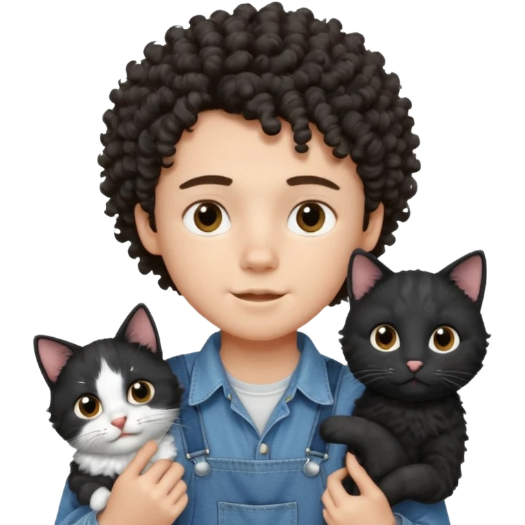 Apple emoji of a curly hair and dark brown eyes 13 year old boy with denim shirt and overalls with a black and white cat emoji