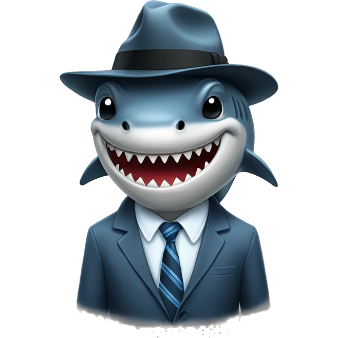 sad, crying shark in fedora with a tie emoji
