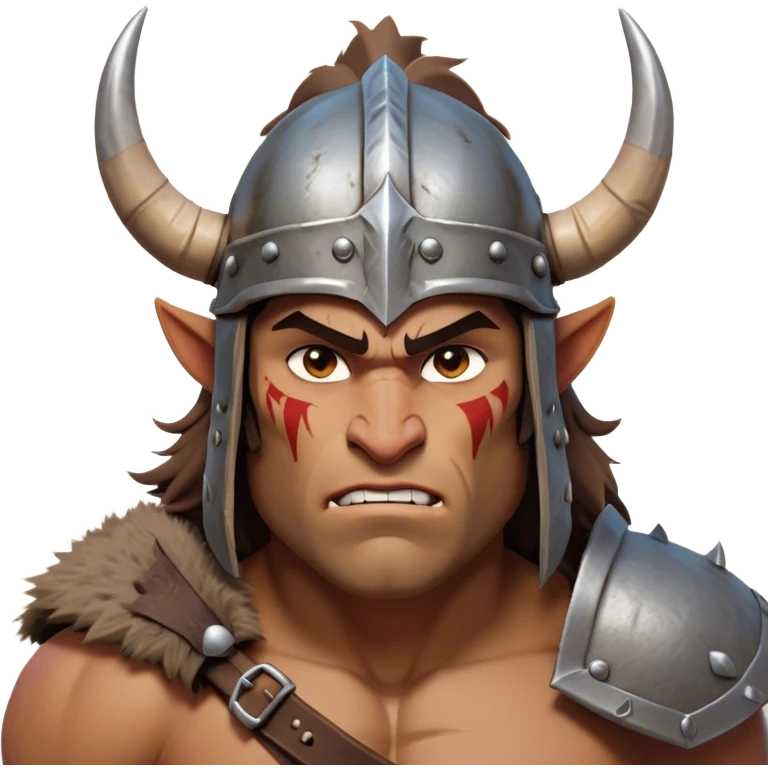 Cinematic Fierce Barbarian Portrait Emoji, Poised and bold with a rugged yet cartoonish build in tattered furs and a horned helmet, expressive bright eyes and a confident smirk, Simplified yet dynamic features, highly detailed, glowing with a vivid, adventurous aura, high shine, heroic and spirited, stylized with an air of medieval warrior charm, focused and energetic, soft glowing outline, capturing the essence of a fearless barbarian adventurer ready to lead his clan with spirited valor! emoji