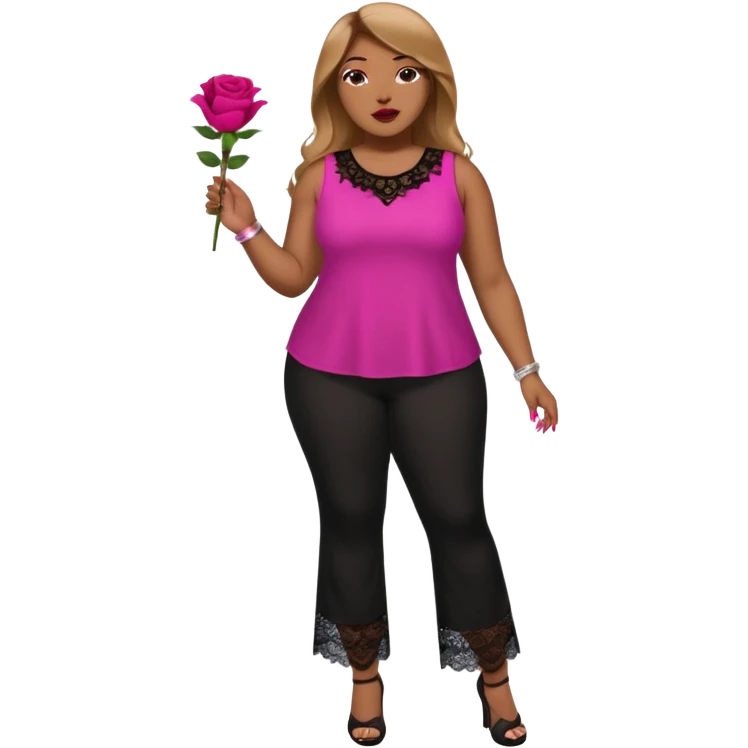 A plus-size Black woman with long, straight, light brown hair is wearing a fuchsia sleeveless shirt and black lace pants. She is standing with fuchsia-painted nails and is holding a rose. emoji