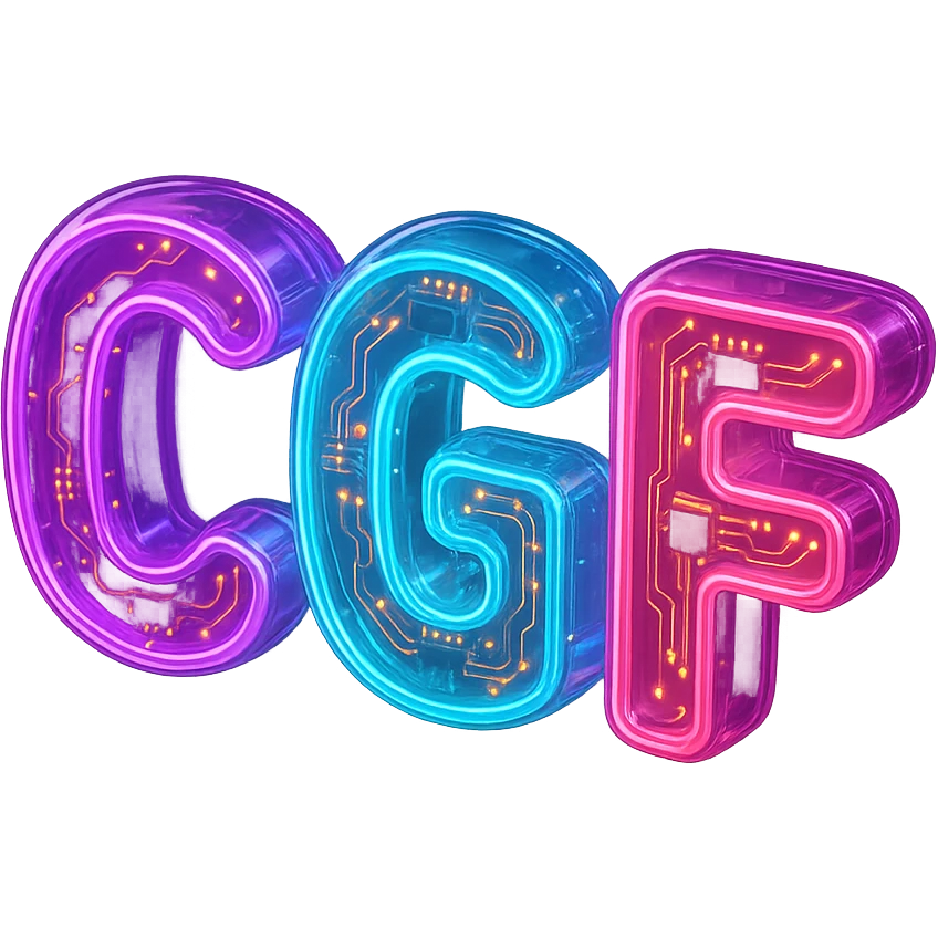 letters CGF in neon sign style emoji, glowing effect, suitable for Discord emoji