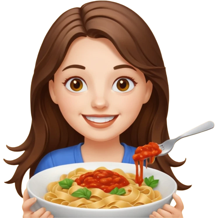 smiling white long brunette hair girl with hazel eyes eating pasta emoji