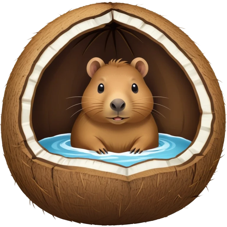 Small capybara inside a hollowed coconut, using it as a cozy home emoji