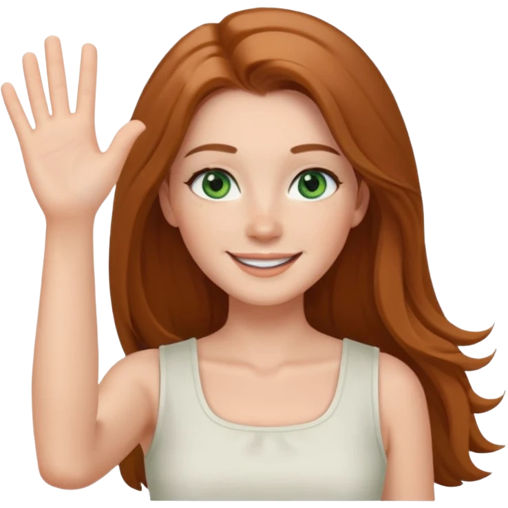 confident woman named Freya McOmish, smiling, green eyes, long hair with a middle part, subtle freckles, modern casual style, broad shoulders, wearing a white sleeveless deep square neck top, waving emoji