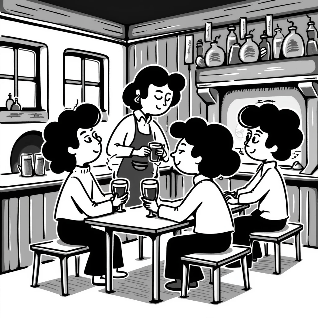 A classic RPG-style tavern scene with pixel characters around a table emoji