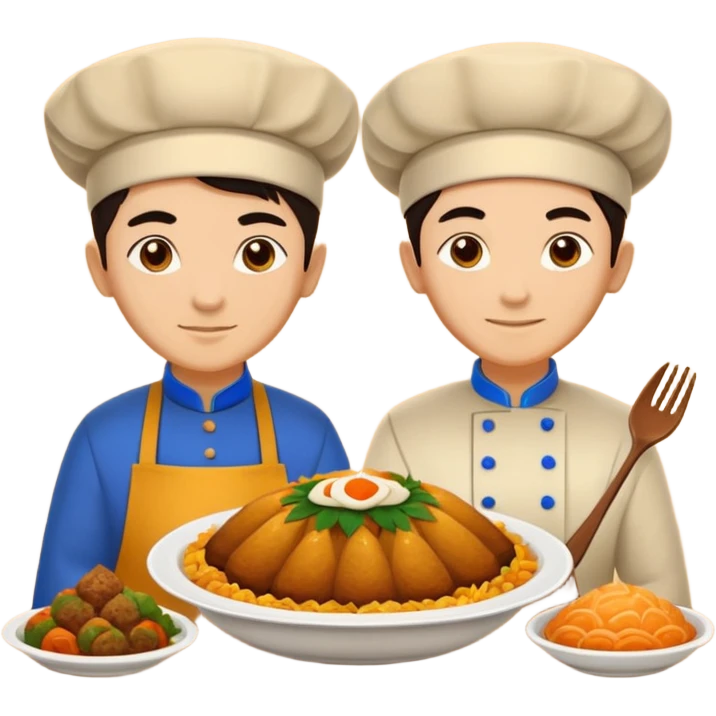 Uzbek cuisine humanless avatar in bright illustration. Classic dishes like plov and samsa, warm golden and earthy tones, simple shapes, flat design, high contrast, friendly and appetizing. emoji