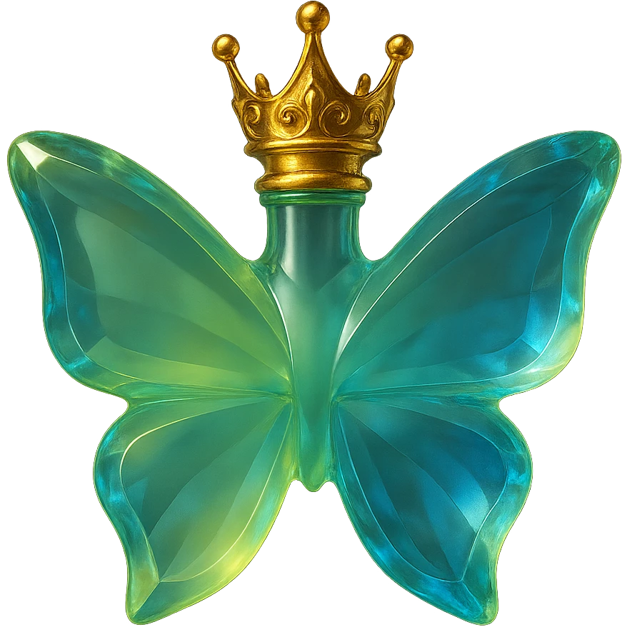 Create a crystal butterfly-shaped bottle with a short neck and a princess crown on top. Use light green (#c0ff53), blue, and similar shades that naturally blend like crystal with light refractions, transparency, and natural transitions, not just gradients. Keep golden details, a transparent background, a beautiful merging base, and the bottle floating in the air. The design should be elegant, bright, without a base or shadow. emoji