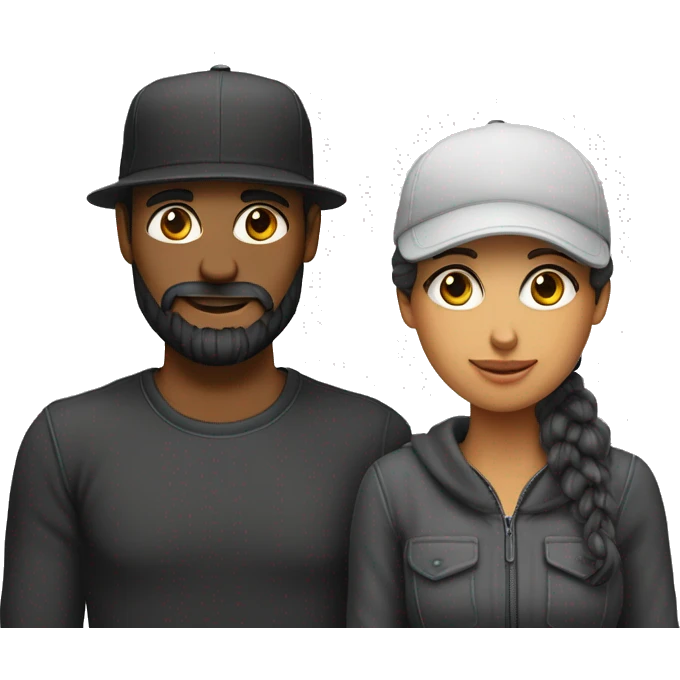 una mujer cabello negro y un hombre canoso barbudo con gorra puesta abrazándose como amigos emoji