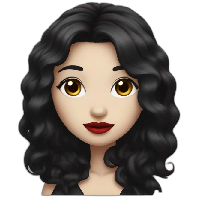 long black hair, red lipstick, black eyes, white skin and a small nose emoji