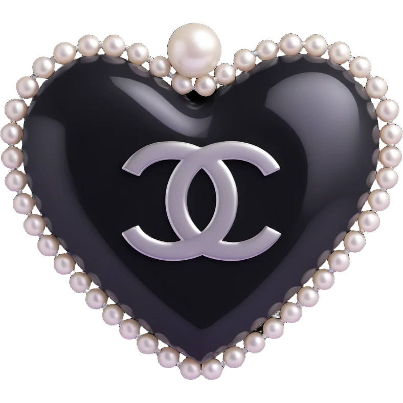 glossy black heart with pearls draped on top, silver Chanel logo in the center, elegant, black and white emoji