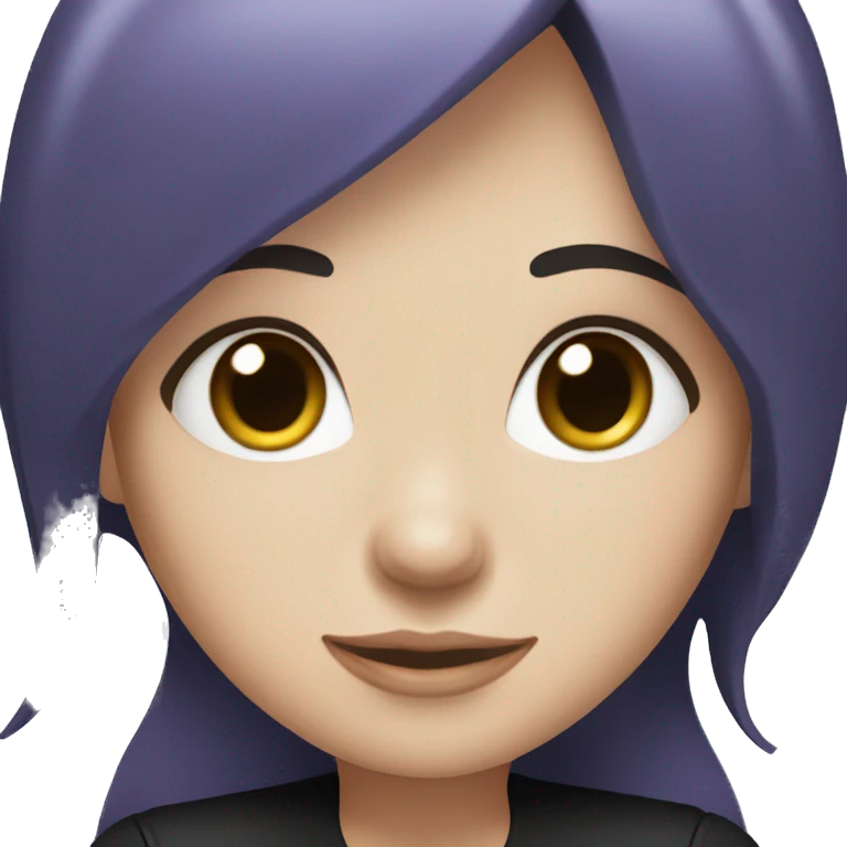 white girl who has dark long purple hair with bangs and blue eyes and is wearing black clothes emoji