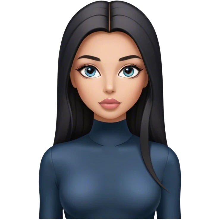 Glamours, tanned, very beautiful girl, with big pump peach-beige-rose lips, long long lashes, black straight smooth silky long hair, straight parting hair, blue-grey eyes in black long-sleeves bodysuit emoji