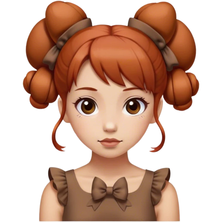 girl with reddish blunt hair and with 2 buns and 2 bows brown dress emoji