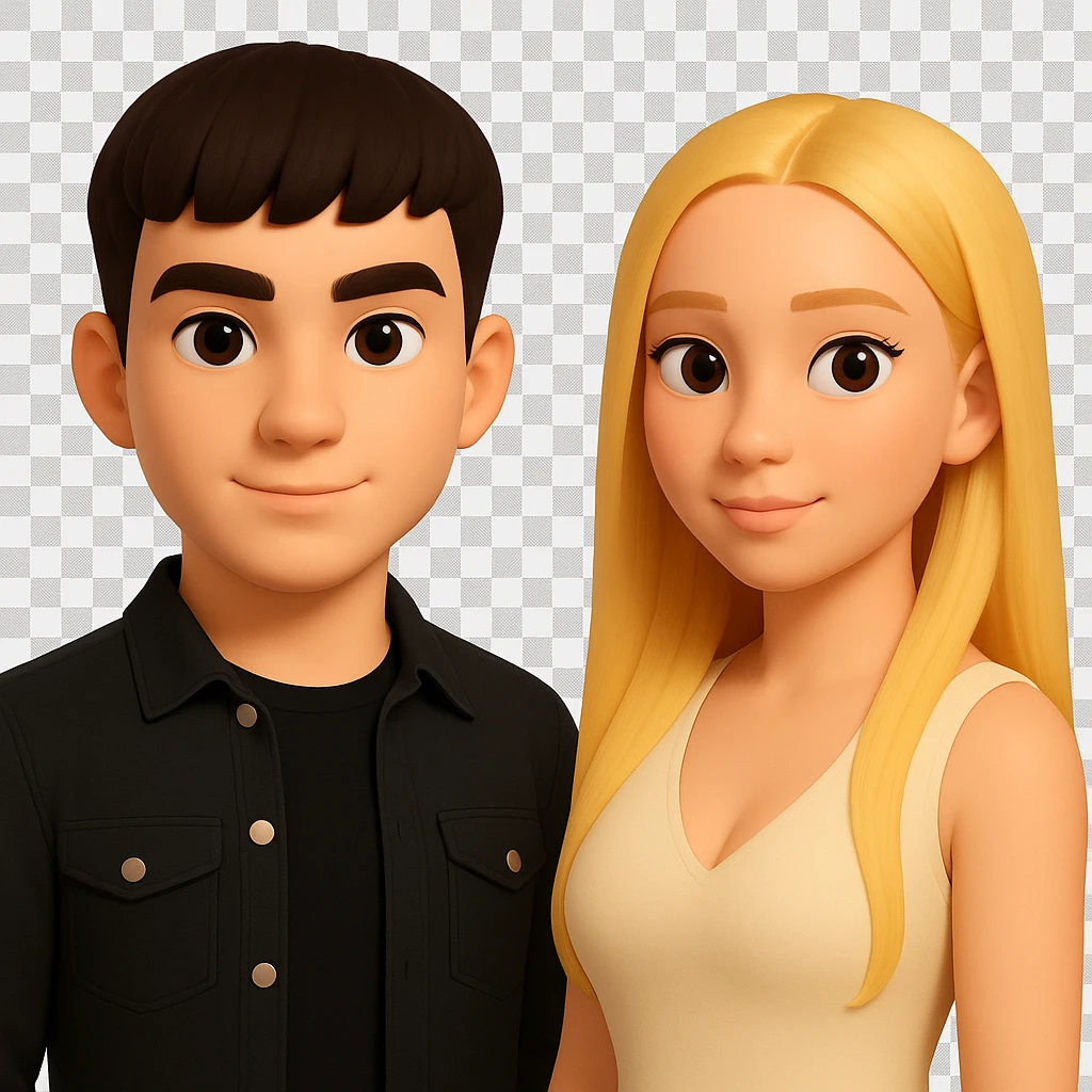 Slightly increase the volume of the upper body of the girl, separate the girl and the boy from each other, make the skin color the same for both characters. Maintain the cartoonish 3D style and keep the background transparent. The original style is a cartoonish 3D style. emoji