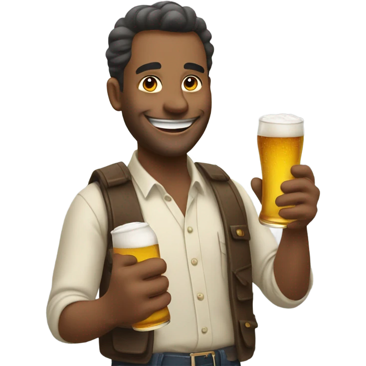 A happy guy drinking a beer and looking at a phone emoji