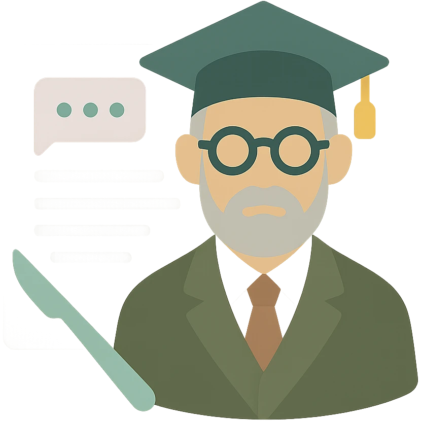 sleek clinical icon of a dignified intellectual professor with classic academia style, subtle scalpel sub-graphic, minimal document background with implied text and AI chat interface hints, refined historic academic color scheme, minimal Apple-like aesthetic emoji