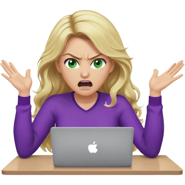lady with long wavy blonde hair, purple top, green eyes, at desk with hands and face gesturing very angry and shouting, with a purple mac laptop  emoji