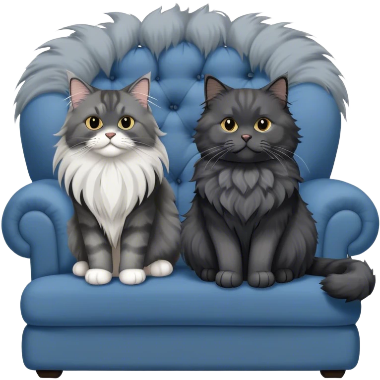 A large black smoke Maine Coon cat with long grey ear tufts and a fluffy grey ruff, sitting next to a chubby British Shorthair cat in blue color with plush fur, both sitting comfortably on a sofa. Beautiful room background with flowers and soft lighting. Transparent background. emoji