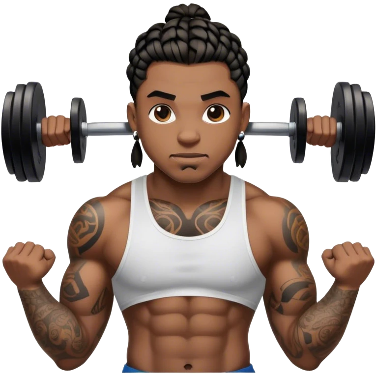 Buff black man with short braids and tattoos lifting weights emoji