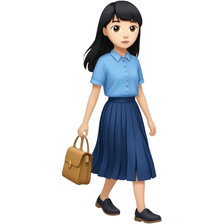 hair : black long hair with fringe 
skin : light 
cloth : oversize light blue shirt + navy long long skirt 
motion : walking  emoji