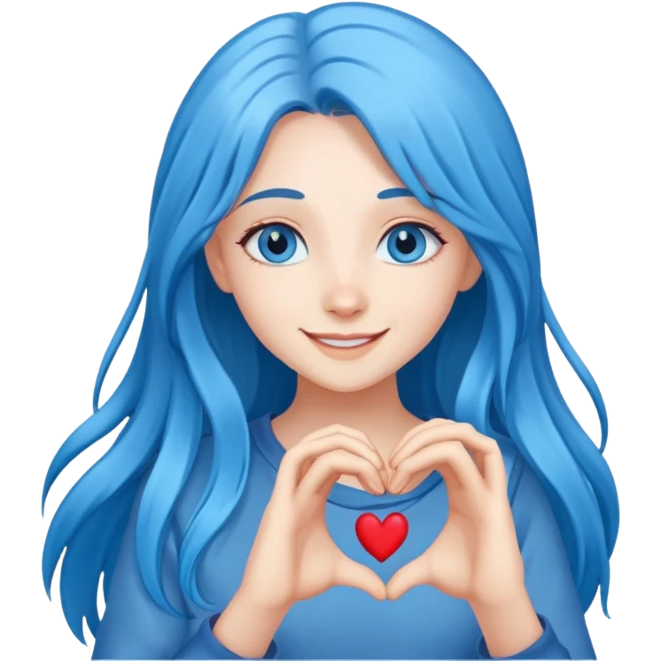 Happy girl long blue hair blue eyes making 🫶🏻 emoji