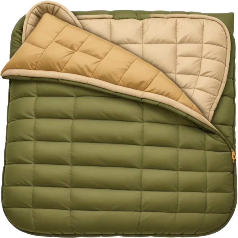 sleeping bag in blue/yellow to olive & tan (#7D7A52 / #E1C699). emoji