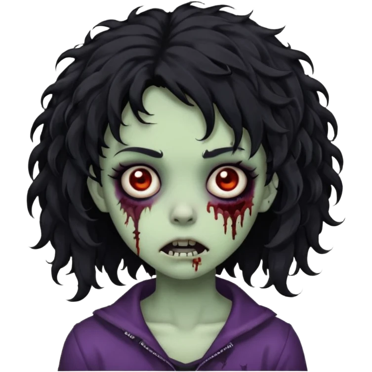 emoji of a zombie girl, black curly hair, medium length, emo, shaggy, dark, creepy face emoji